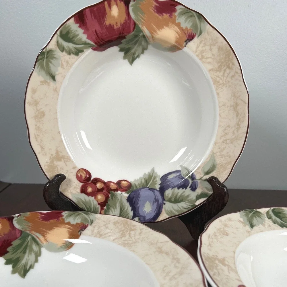 Noble Excellence Napa Valley Fruit Rimmed Soup Bowls Grapes Plums Pears THREE